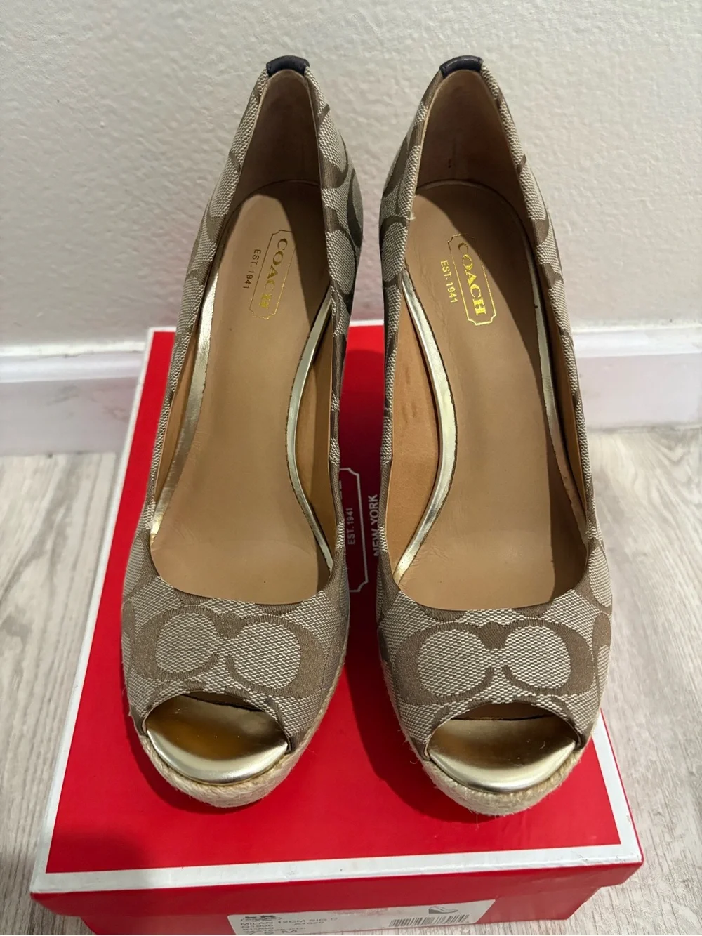 Coach Signature Canvas Peep-Toe Wedge in Beige and Brown